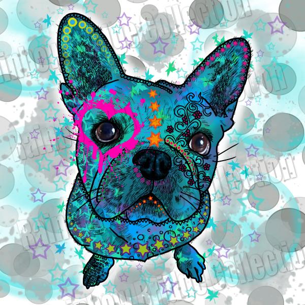 Hundemotiv Elli - Bild auf Leinwand, Kunstdruck, Popart, Bunt, Hundemotiv, französische Bulldogge, french Bulldog, Bully, Blau, Grau, 40cm, 60cm, 100cm